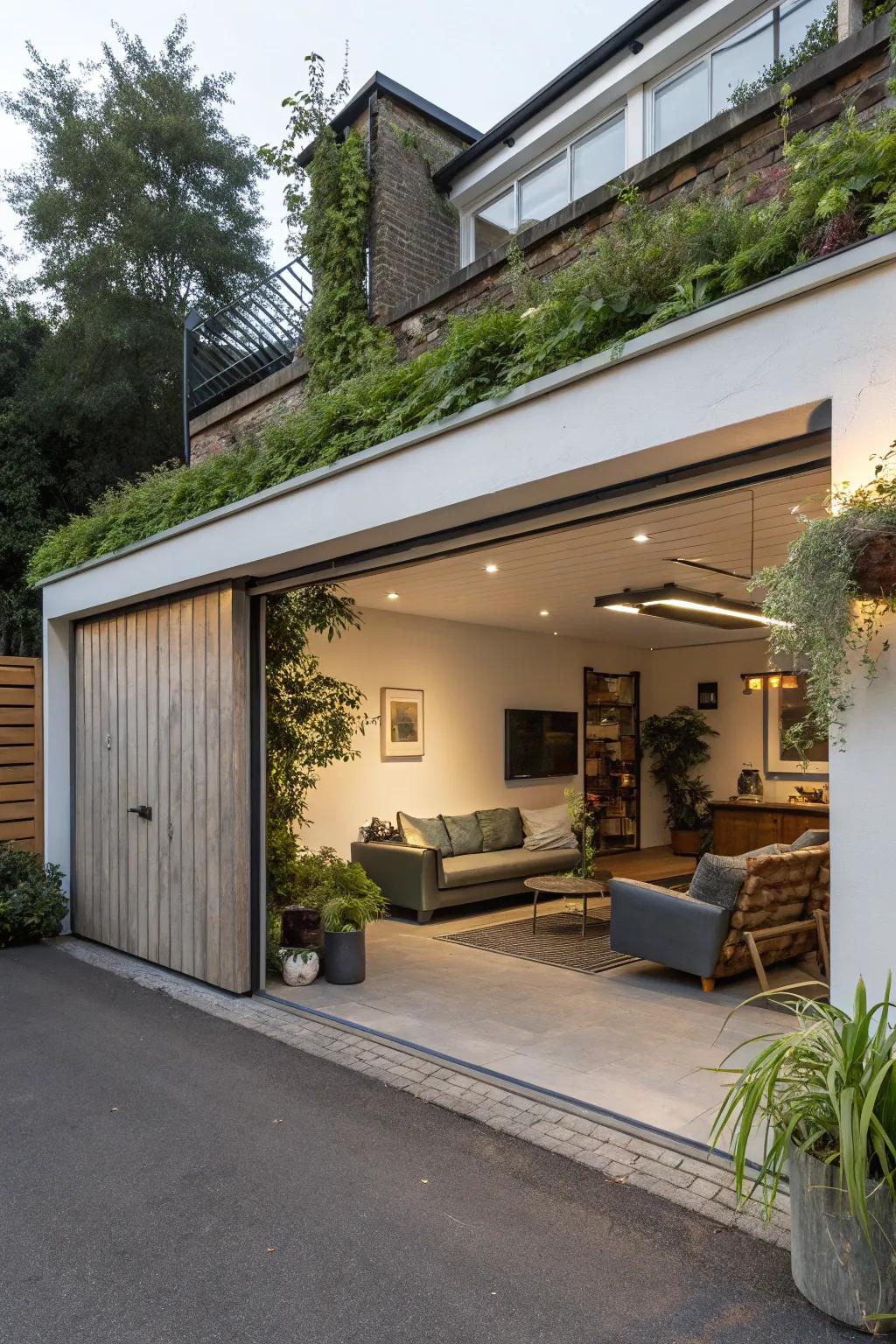 Outdoor integration enhances the garage's connection to nature.