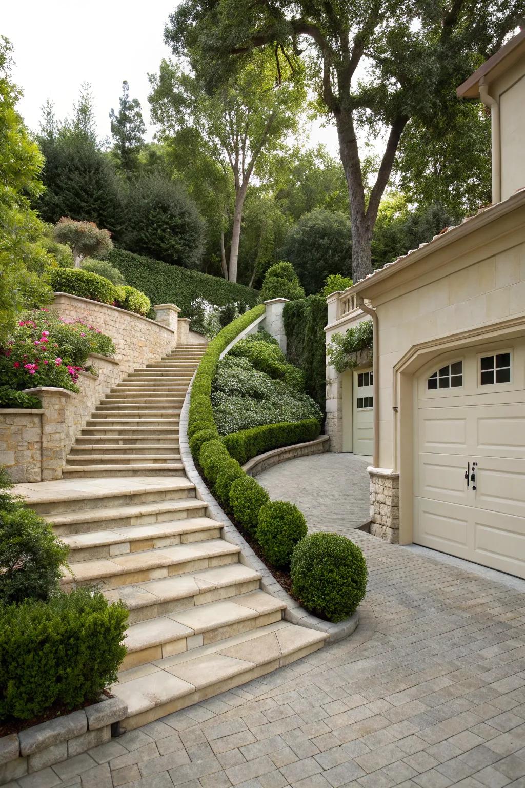 Driveways with stairs create a majestic entry.