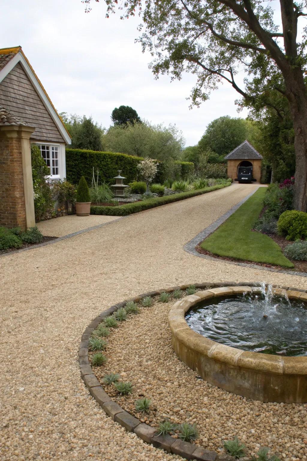 Water features add serenity and charm to gravel driveways.