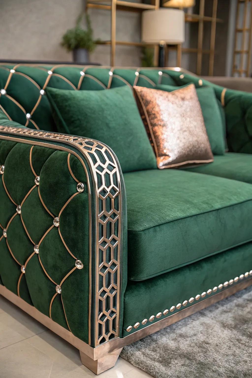 A glamorous living room with a green velvet couch and metallic accents.