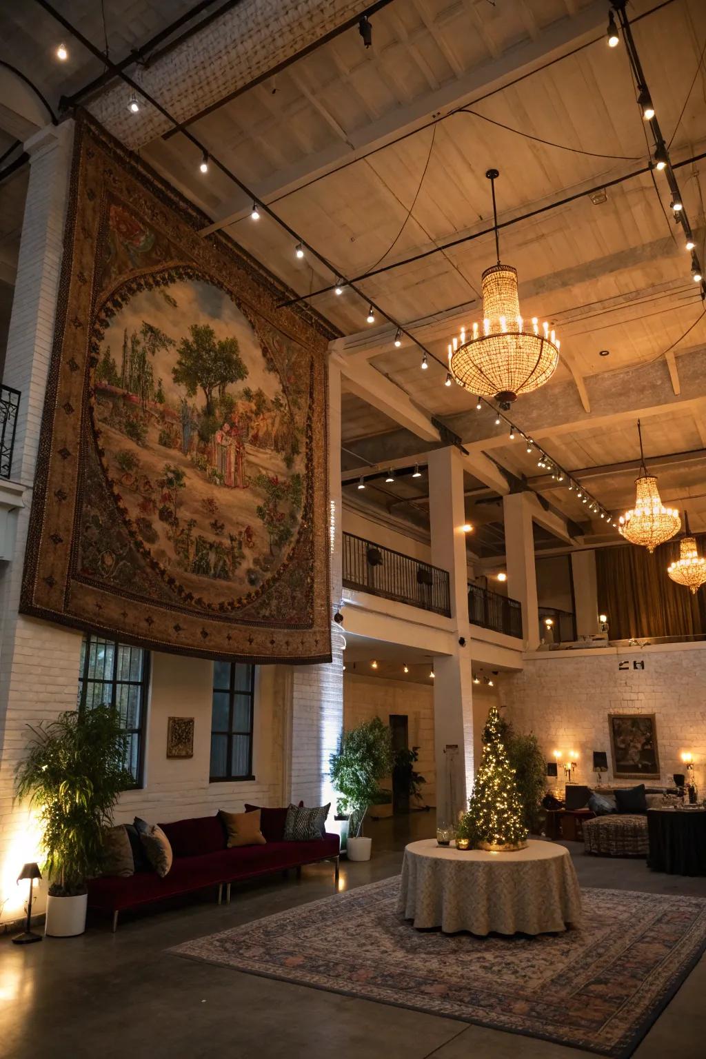 Ceiling-mounted tapestries add drama and elegance.