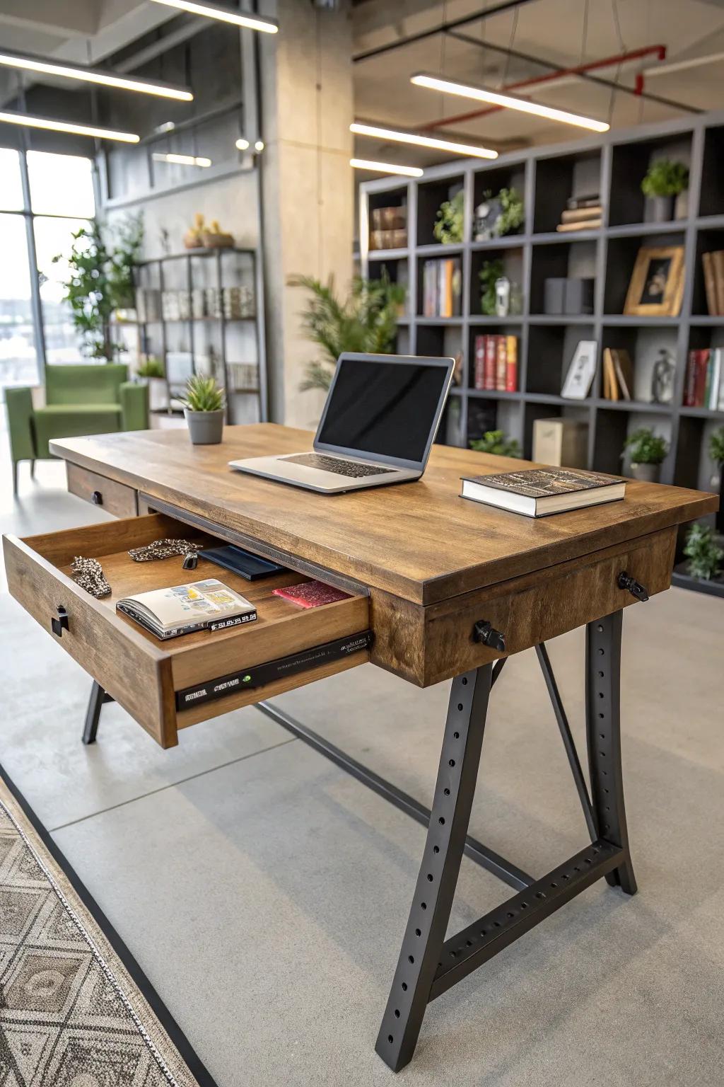 Surprising elements add a wow factor to your industrial desk.