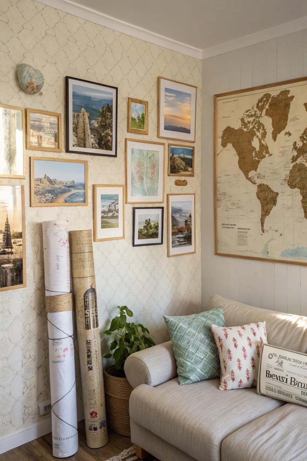 A themed photo wall creates a cohesive and telling story.