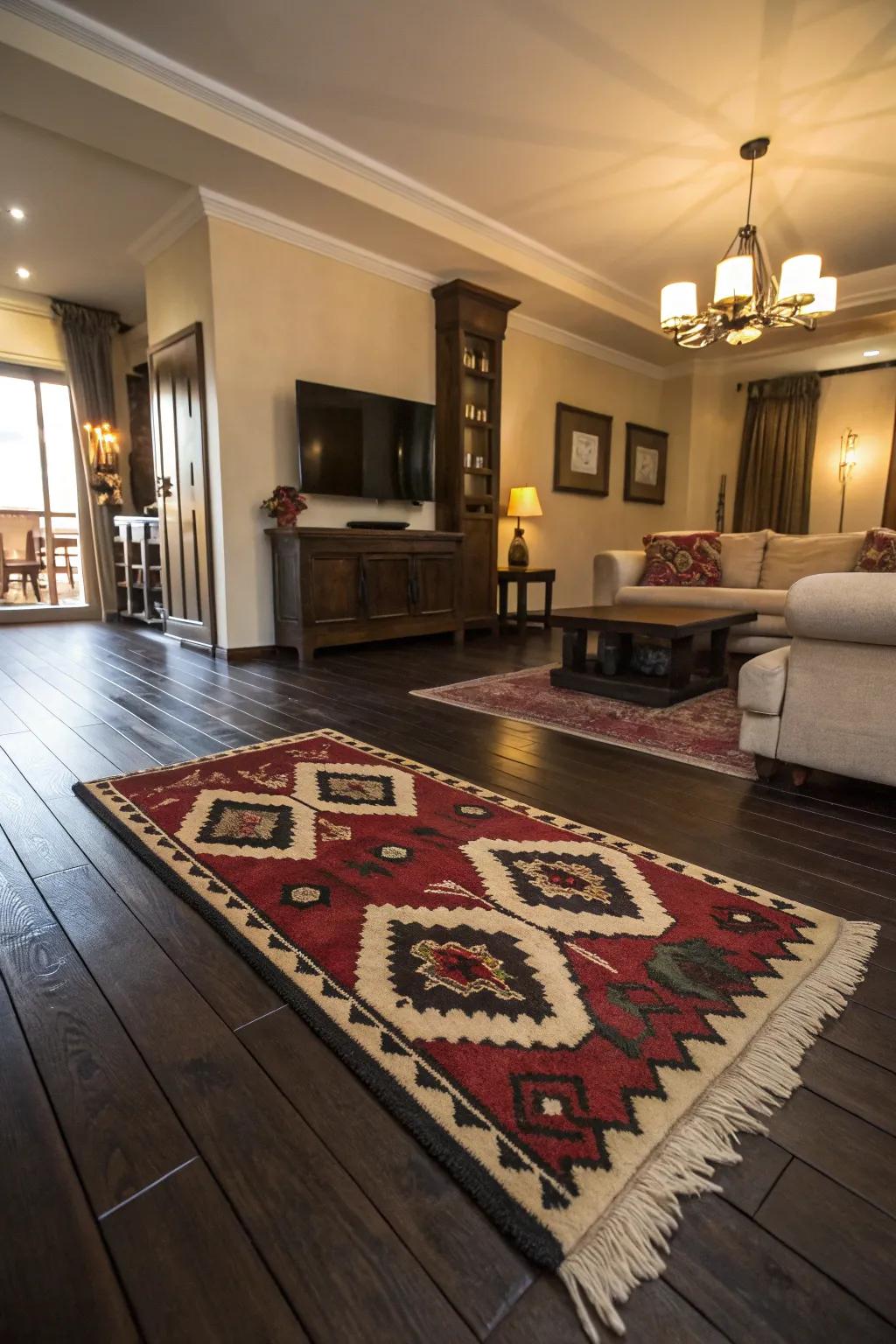 Unique rugs transform the dynamic of dark wood floors.