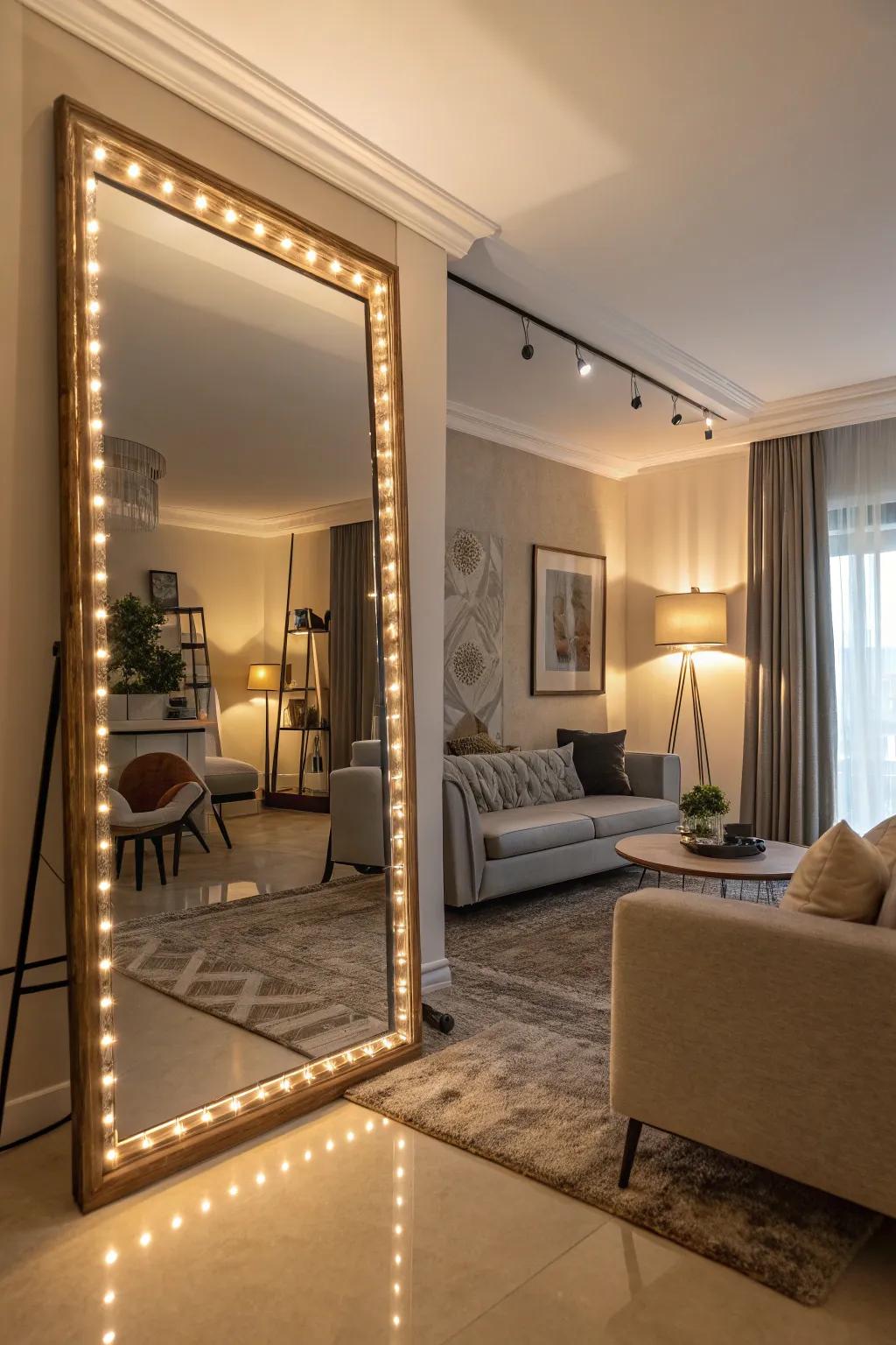 Illuminated mirrors add modern charm and warmth.