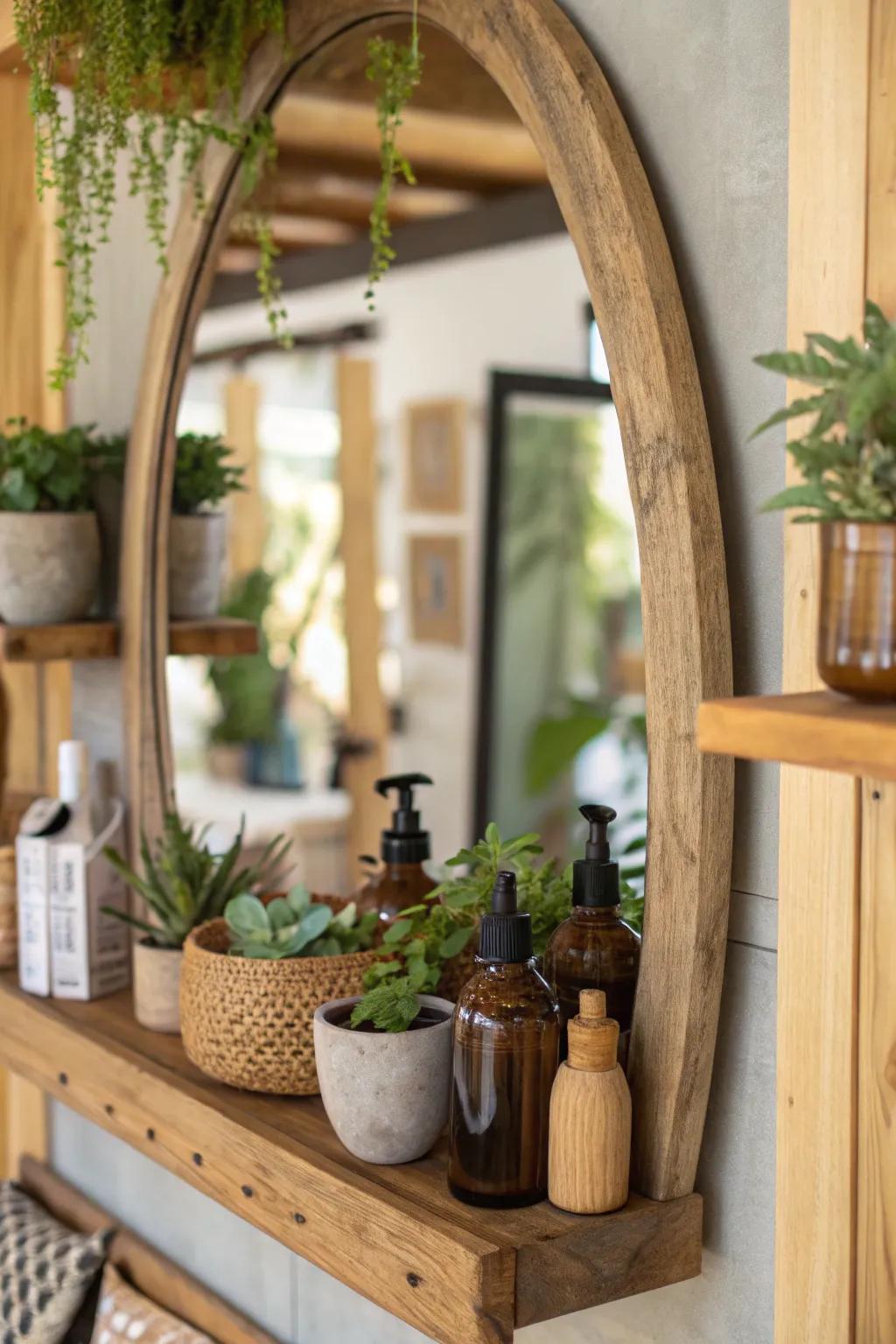 An eco-friendly mirror with a reclaimed wood shelf for a touch of sustainability.