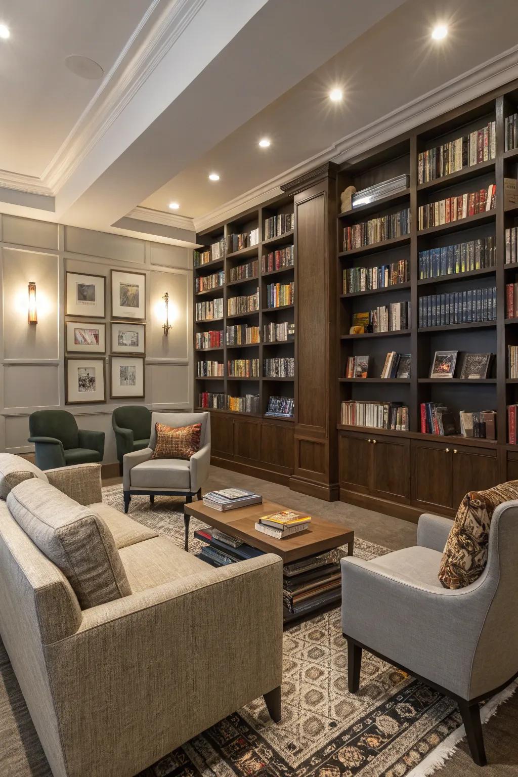 A personal library retreat within a modern flex room.