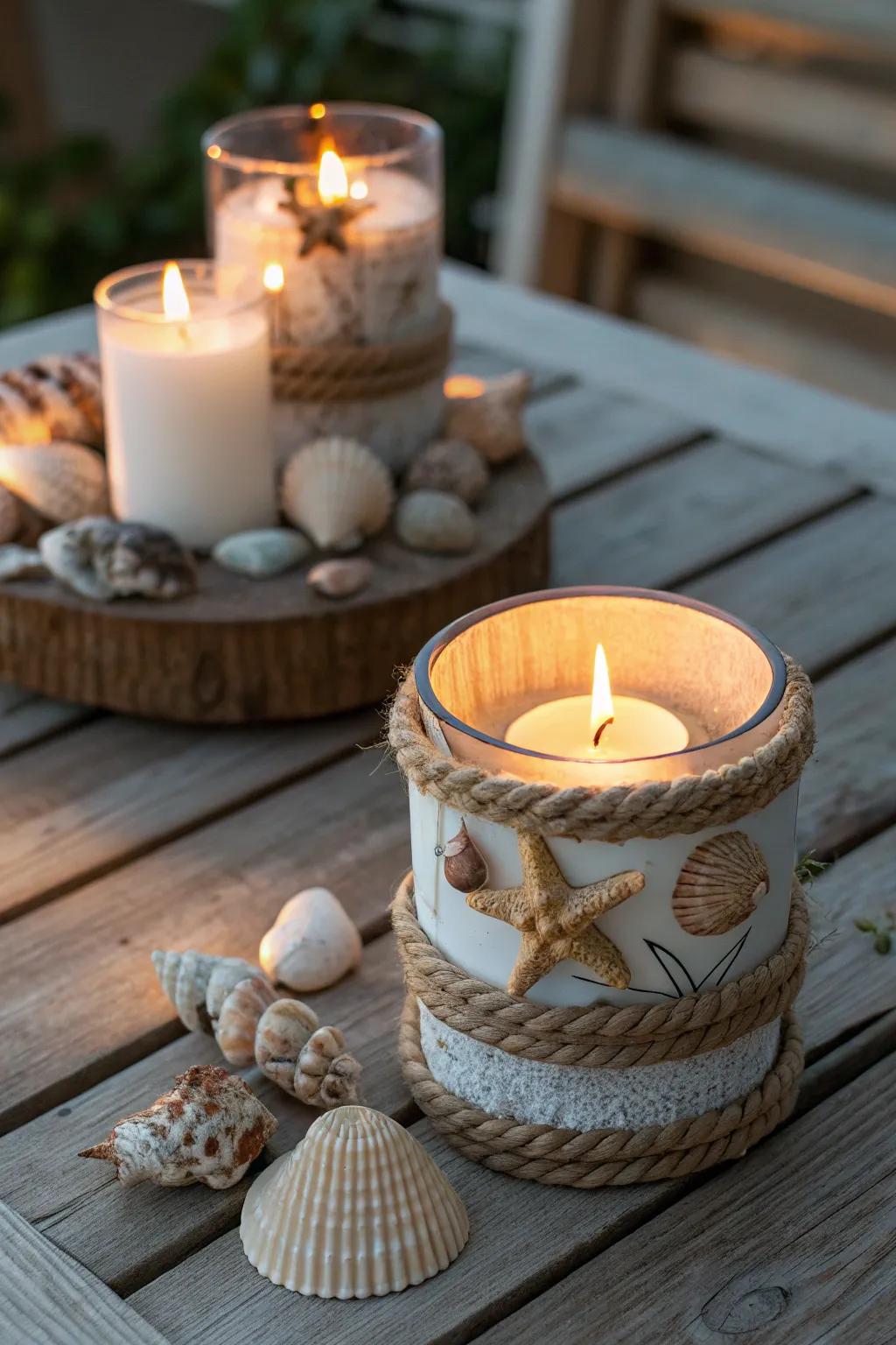 Nautical-themed candle holders bring a serene maritime atmosphere to any room.