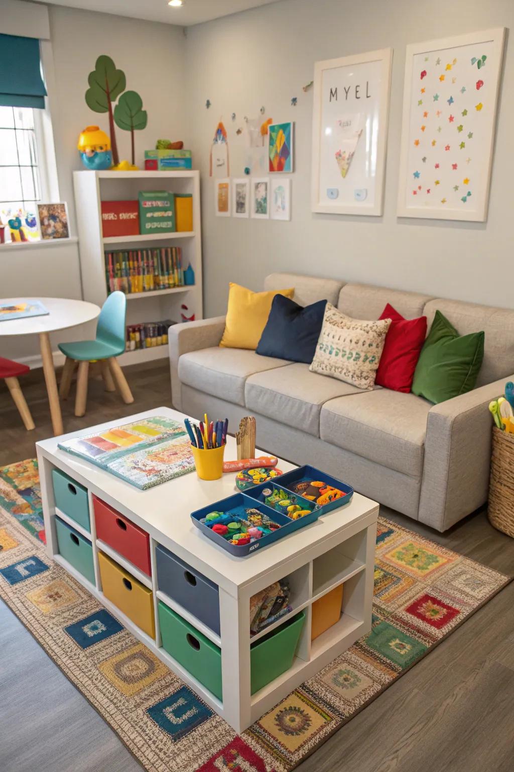 A functional playroom with a sofa featuring an integrated play table.