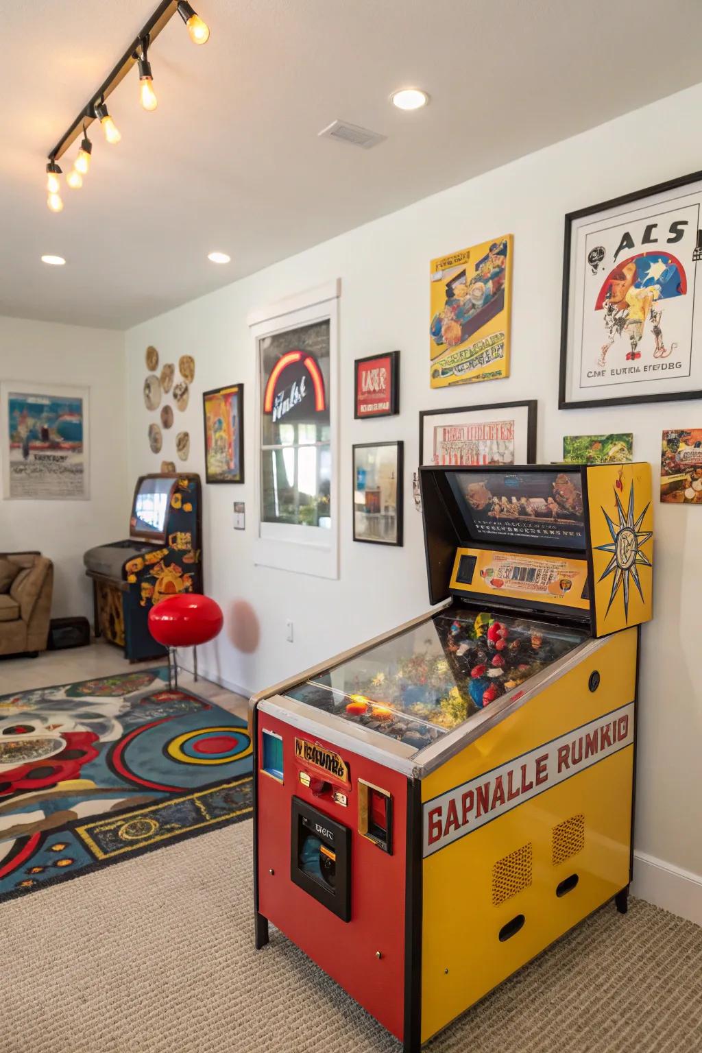 A playroom featuring a nostalgic pinball machine.