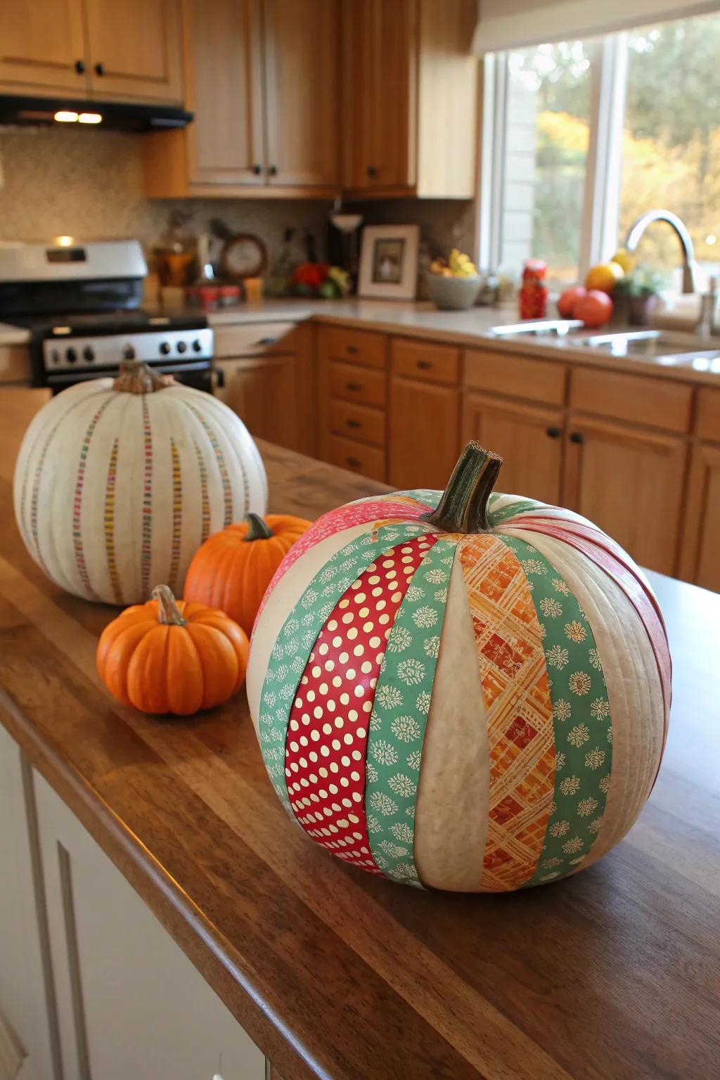 Washi tape pumpkins showcasing vibrant patterns.