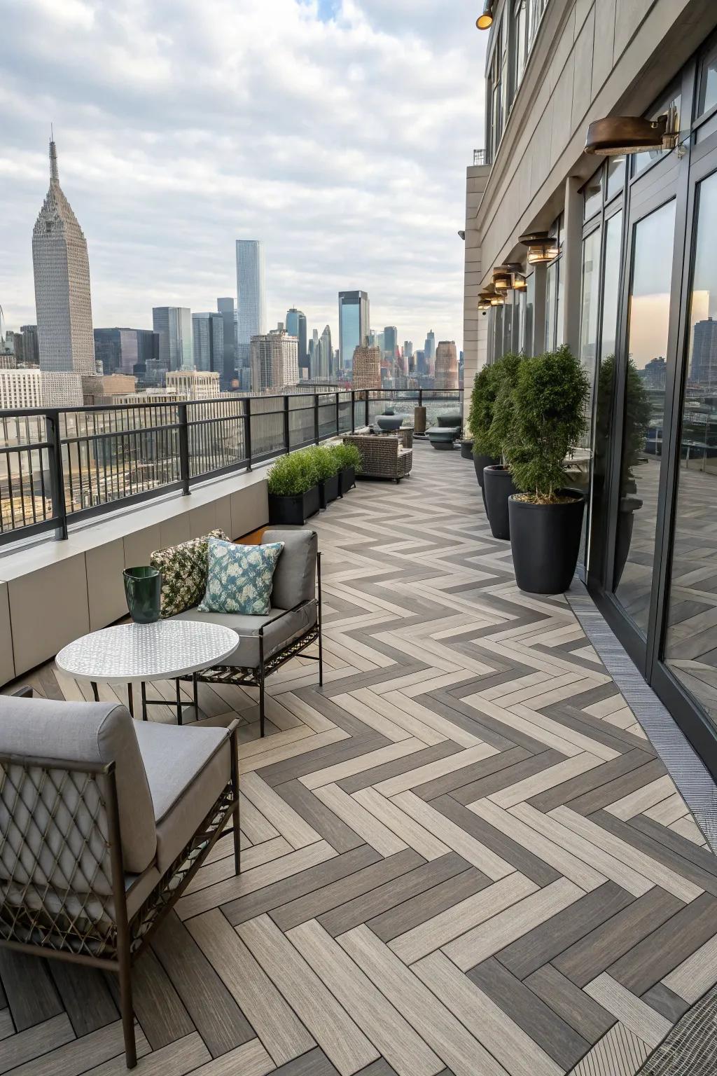 Elevate your rooftop deck with unique and stylish flooring patterns.