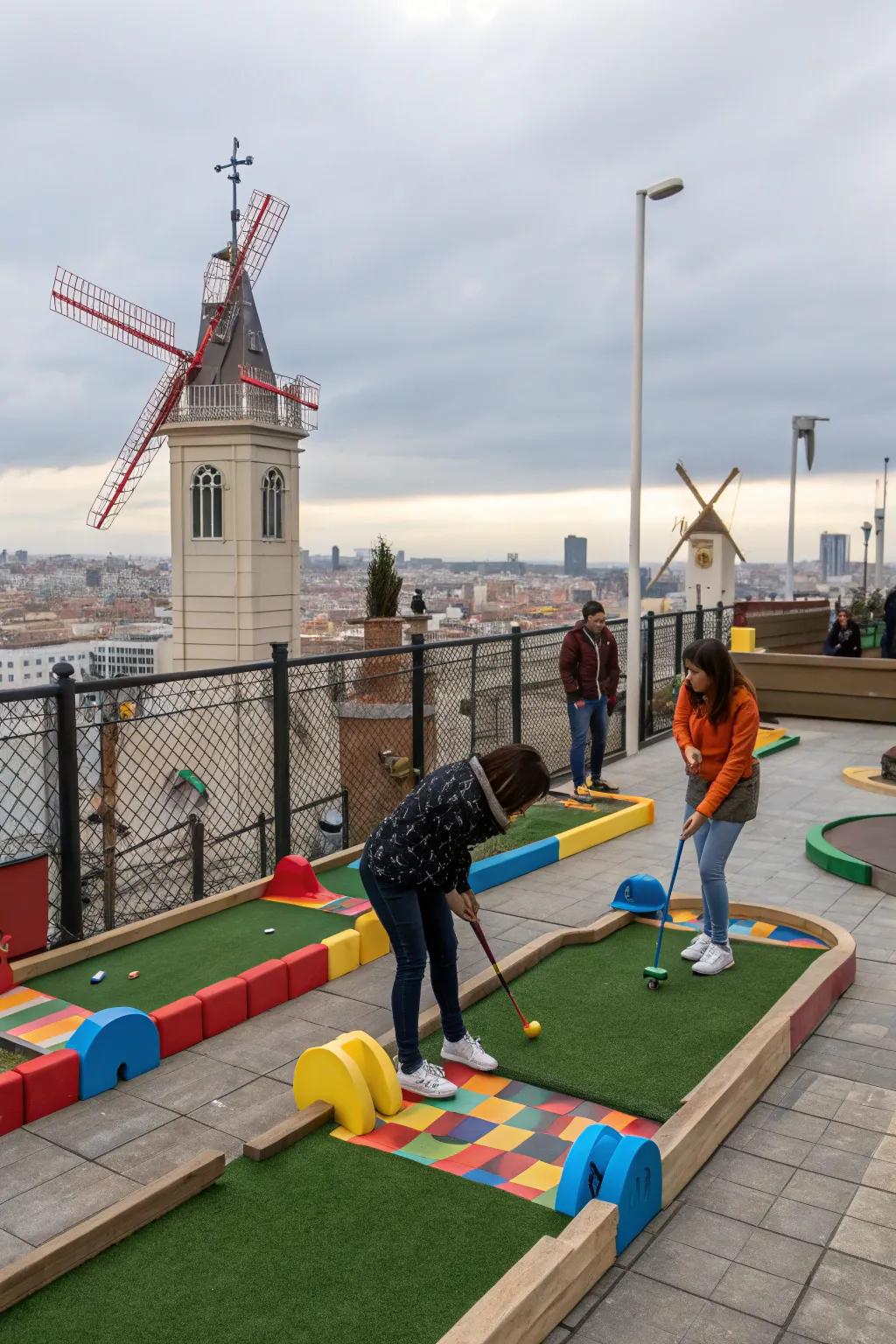 Playful rooftop with interactive mini-golf.