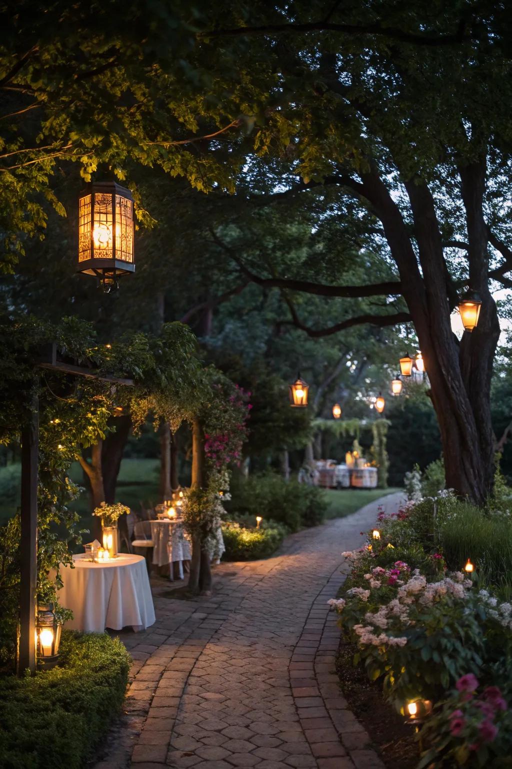 Soft lighting enhancing the garden's beauty at night.