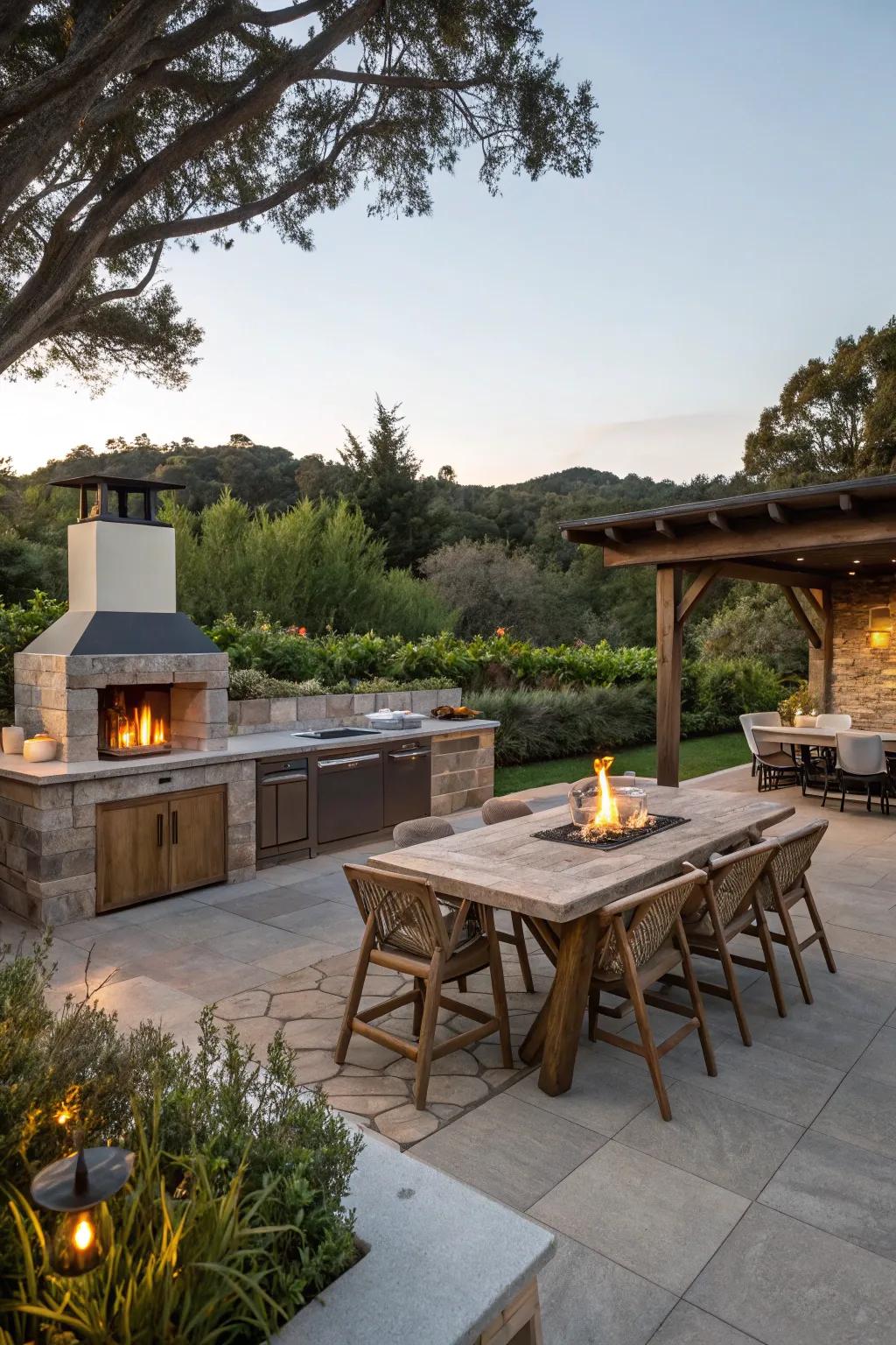 A warm fire pit adds ambiance and a gathering point to this inviting outdoor kitchen.