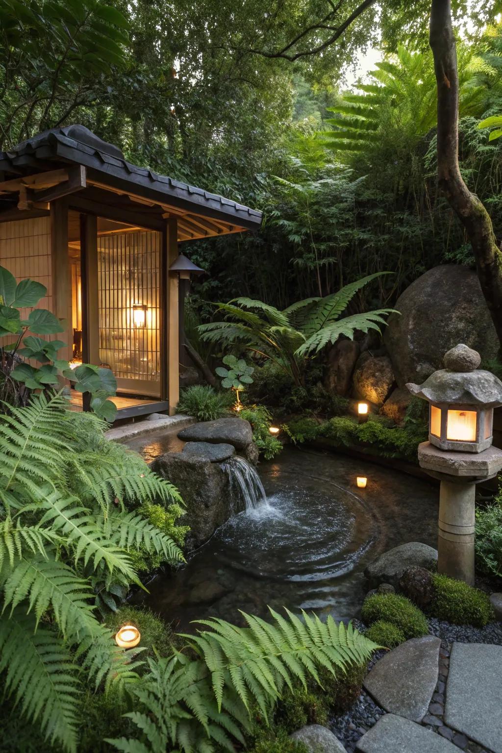 A meditation corner with calming plants offers a serene space for relaxation.