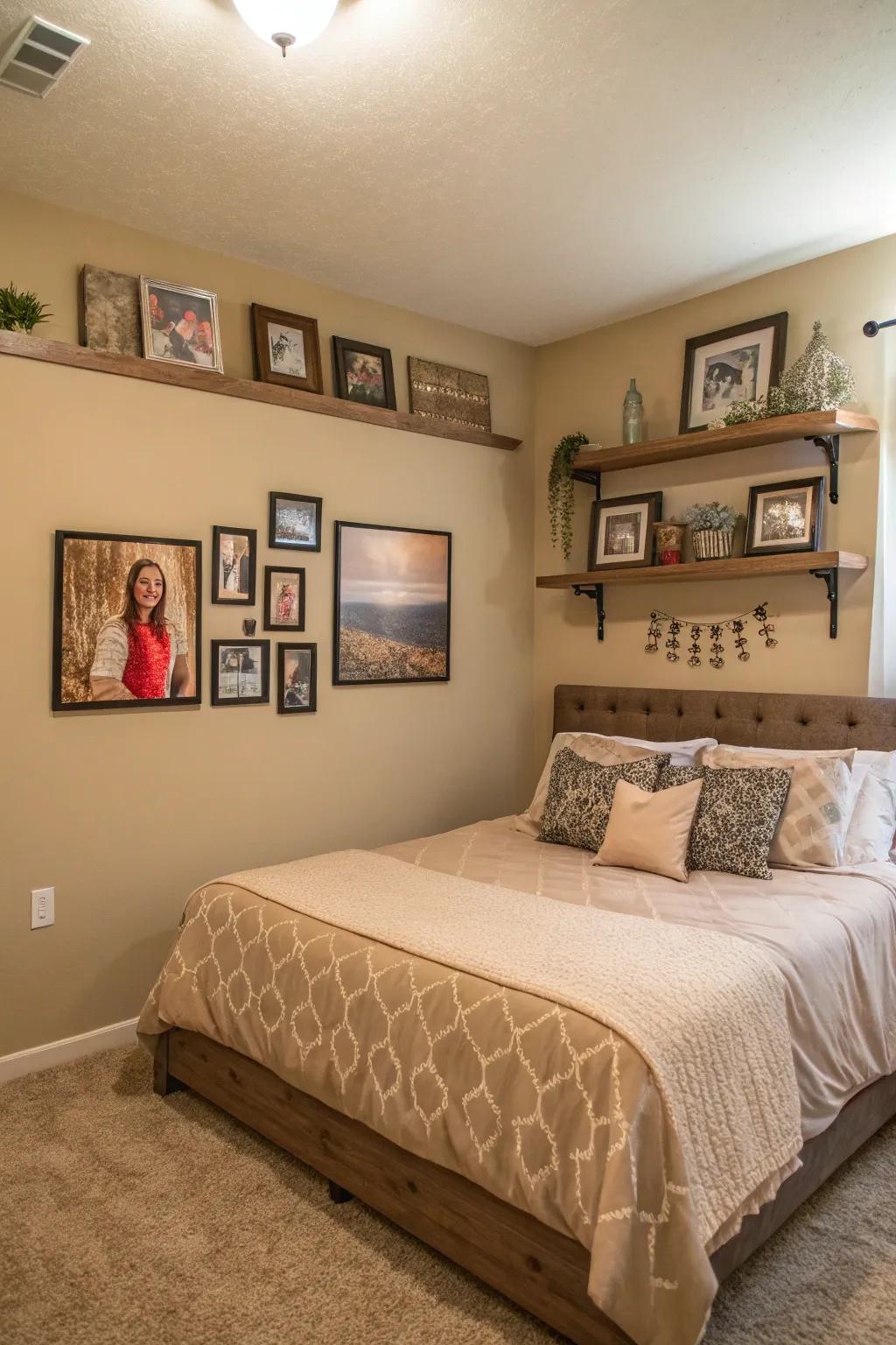 Personalized decor touches make the tan bedroom feel uniquely yours.