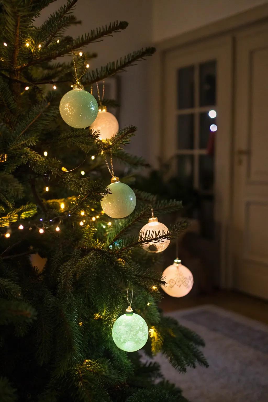 Glow-in-the-dark ornaments bring a magical touch to the tree.