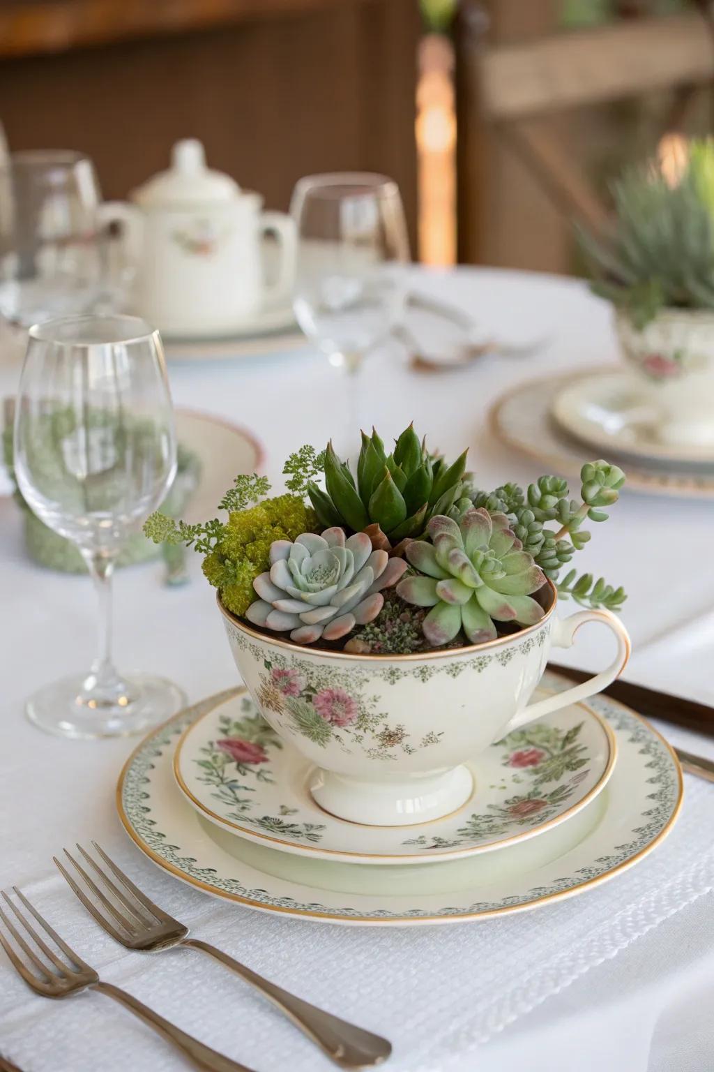 Vintage teacups filled with succulents offer nostalgic charm.