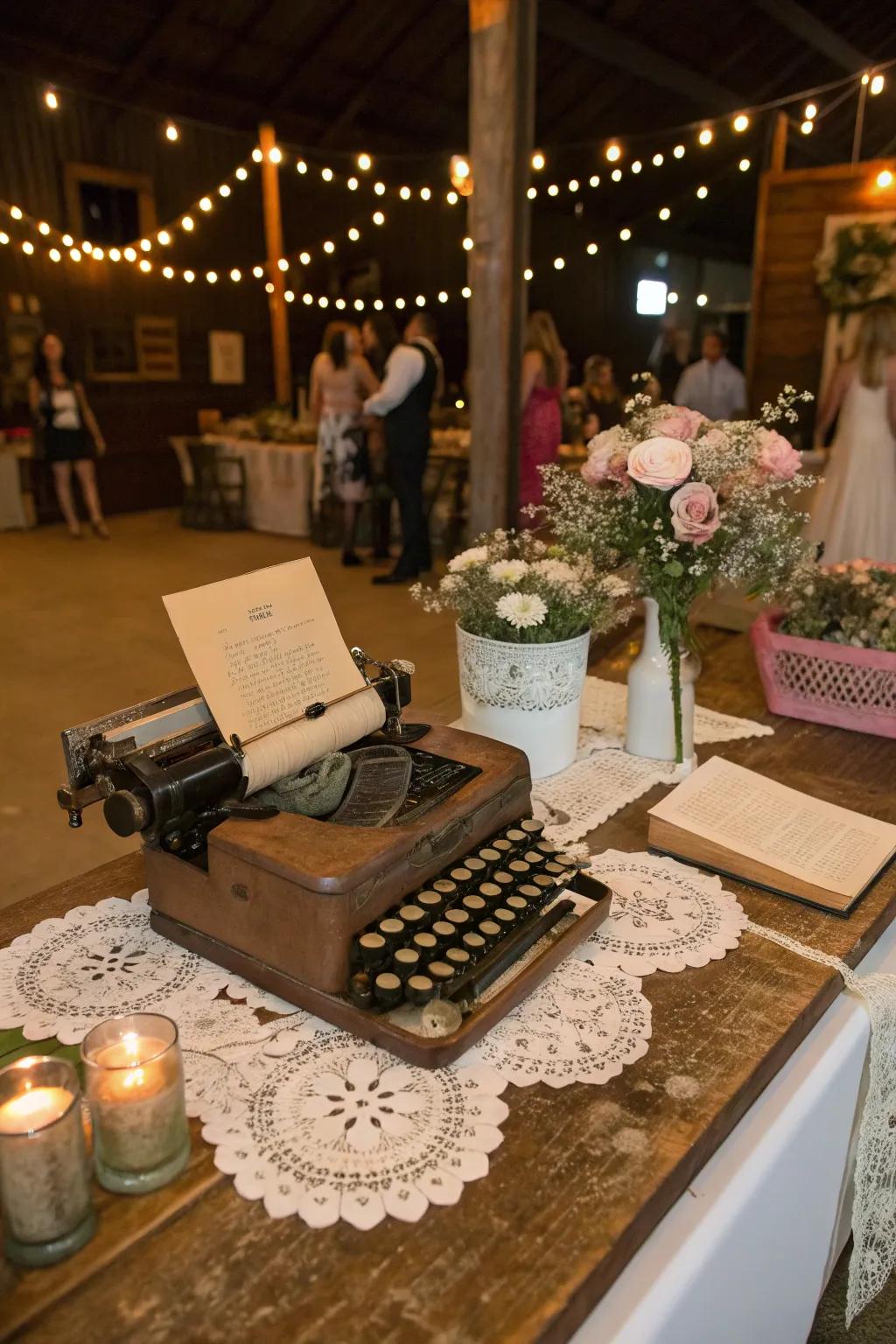 A retro typewriter guest book capturing heartfelt messages.