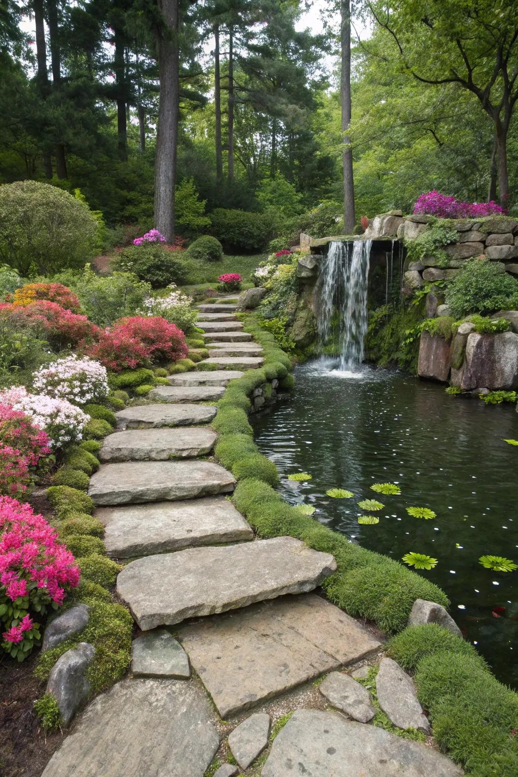 A playful stone pathway leading to a charming garden waterfall.