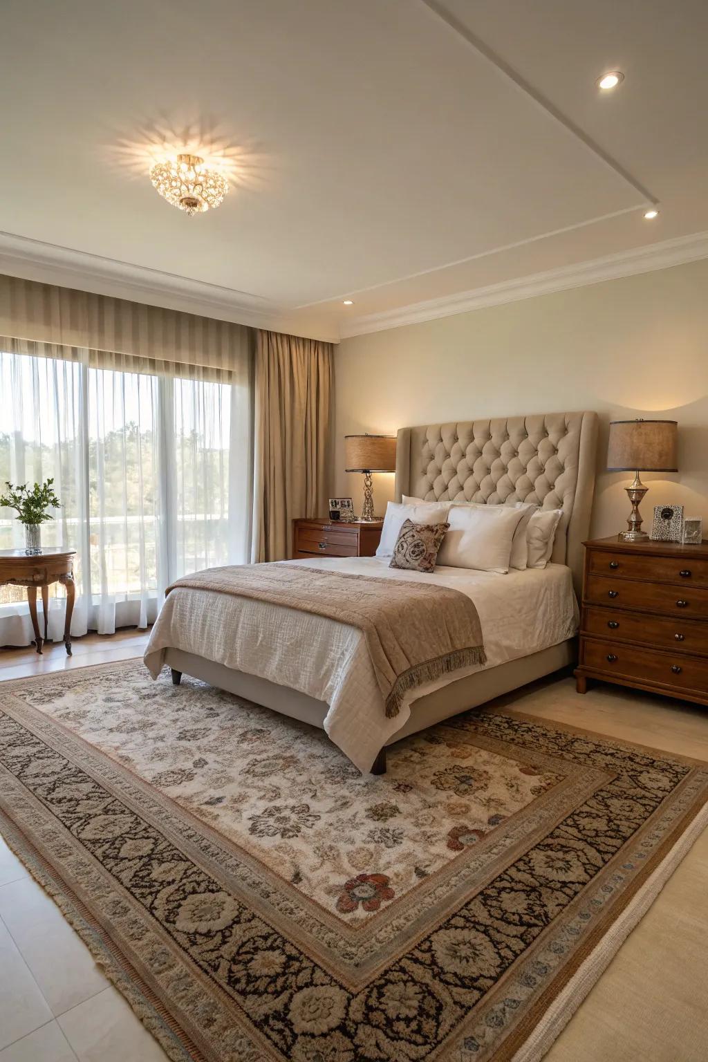 Rugs define different zones within a large bedroom, organizing space and adding coziness.