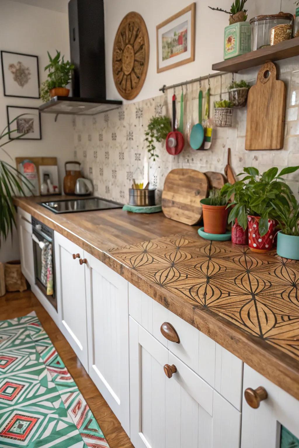 Patterned wood countertops offering a unique and playful design.