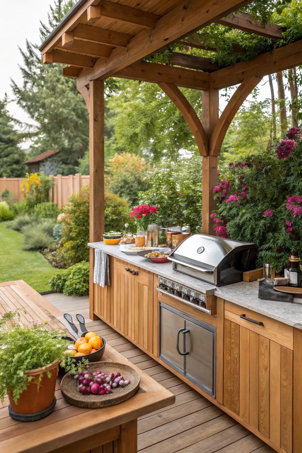 Cook in style with a wooden outdoor kitchen.