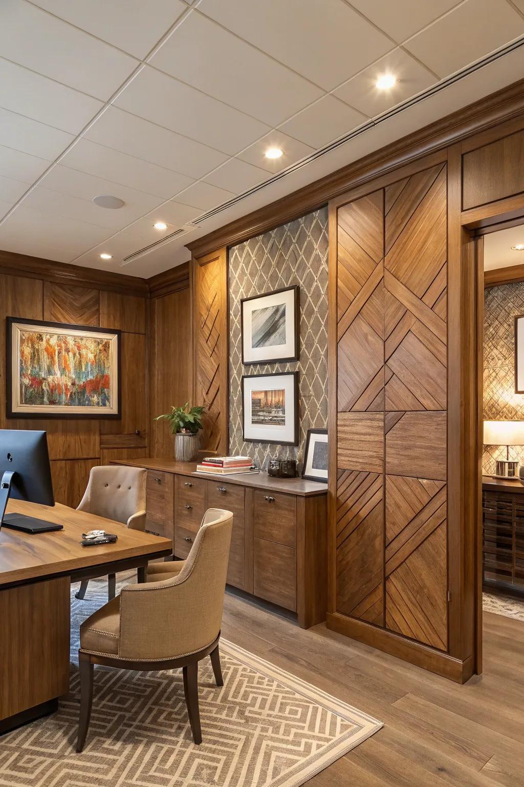 Layered textures on wood panels create a rich, dynamic space.