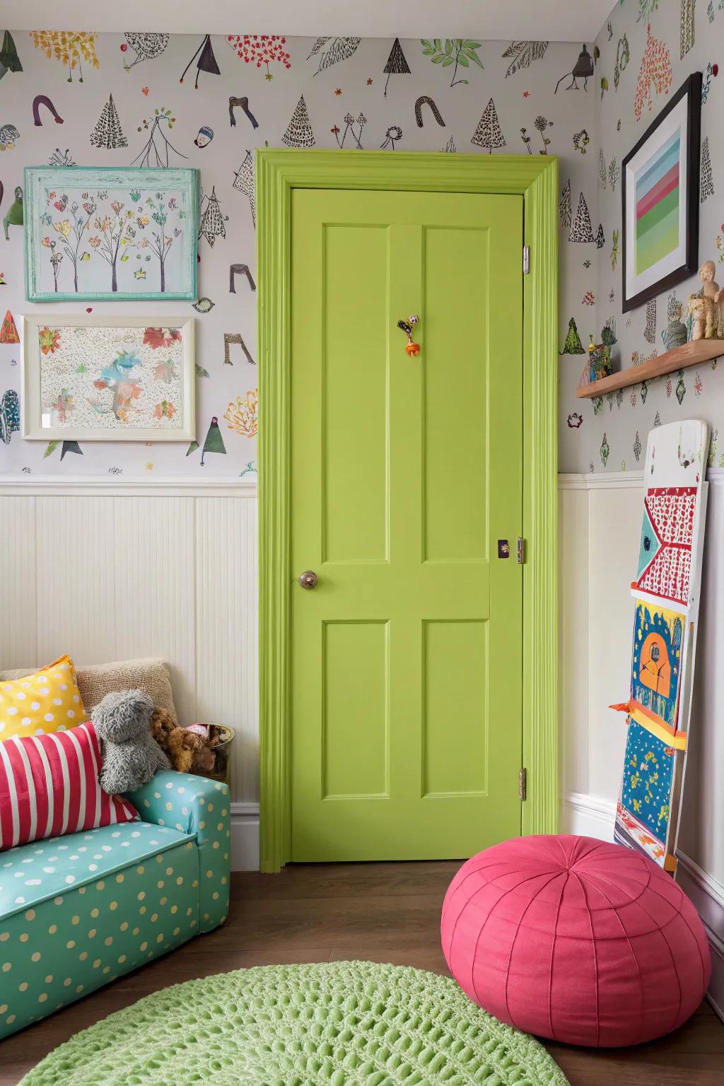 A lime green 6-panel door adds a lively touch to this playful room.