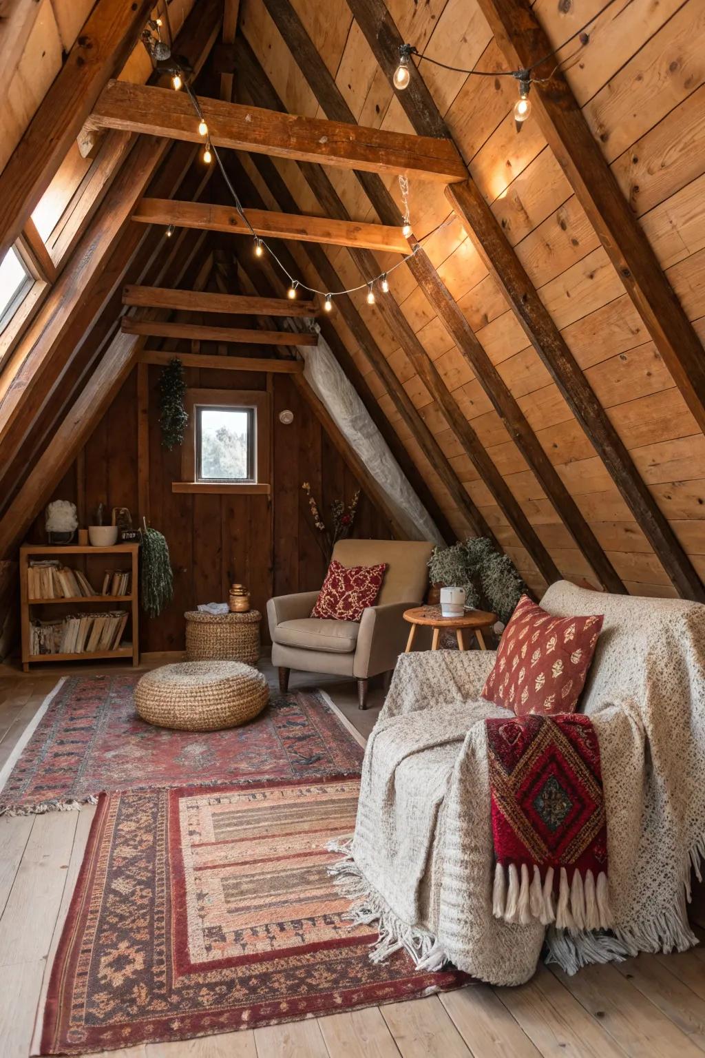 Exposed wooden beams add rustic charm to your attic space.