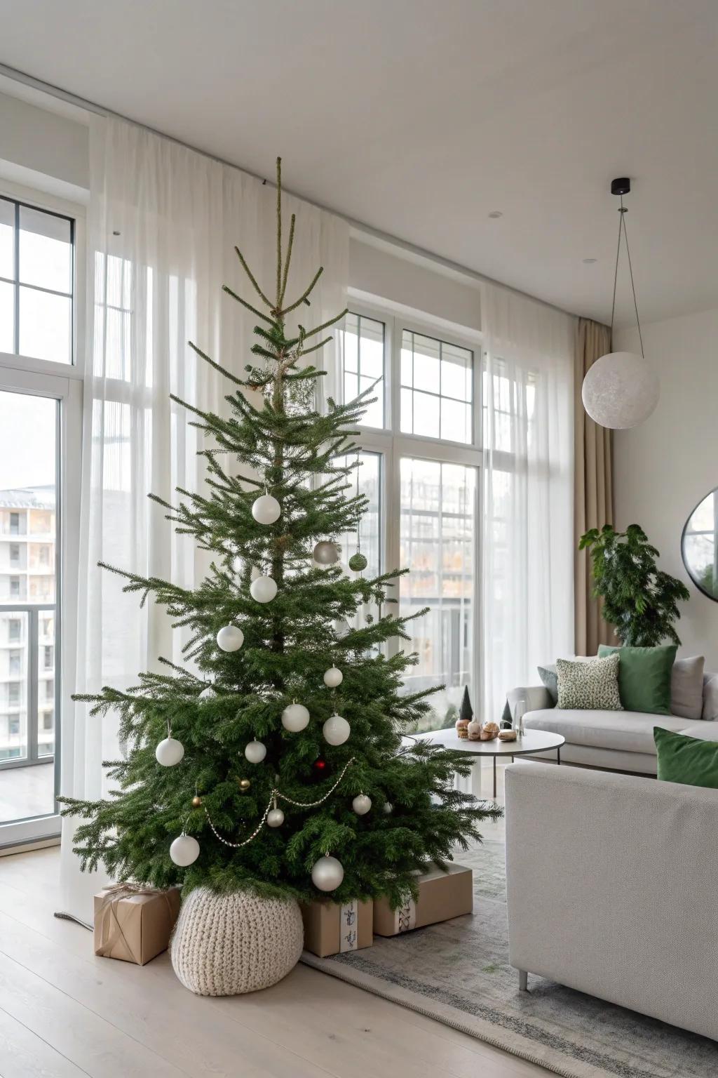 A minimalist Scandinavian-inspired Christmas tree with a simple color palette.