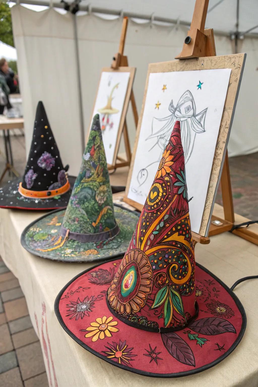 A collection of stylish witch hats with unique designs