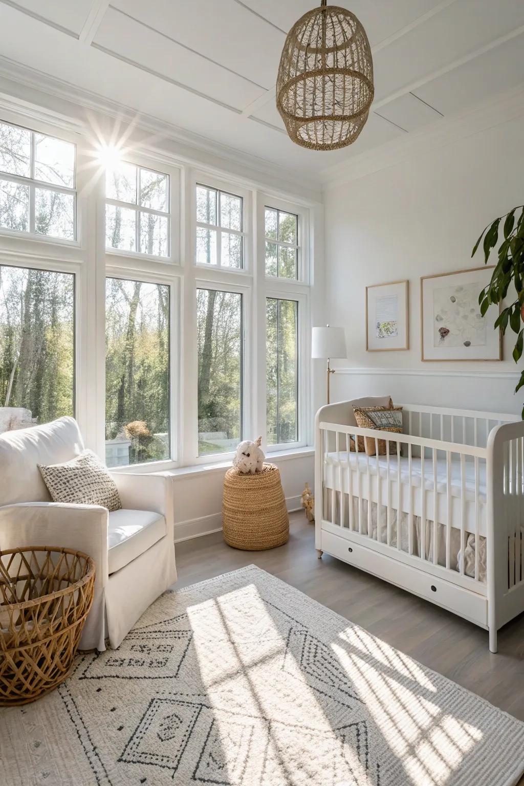 Natural light floods a serene white nursery, enhancing its airy feel.