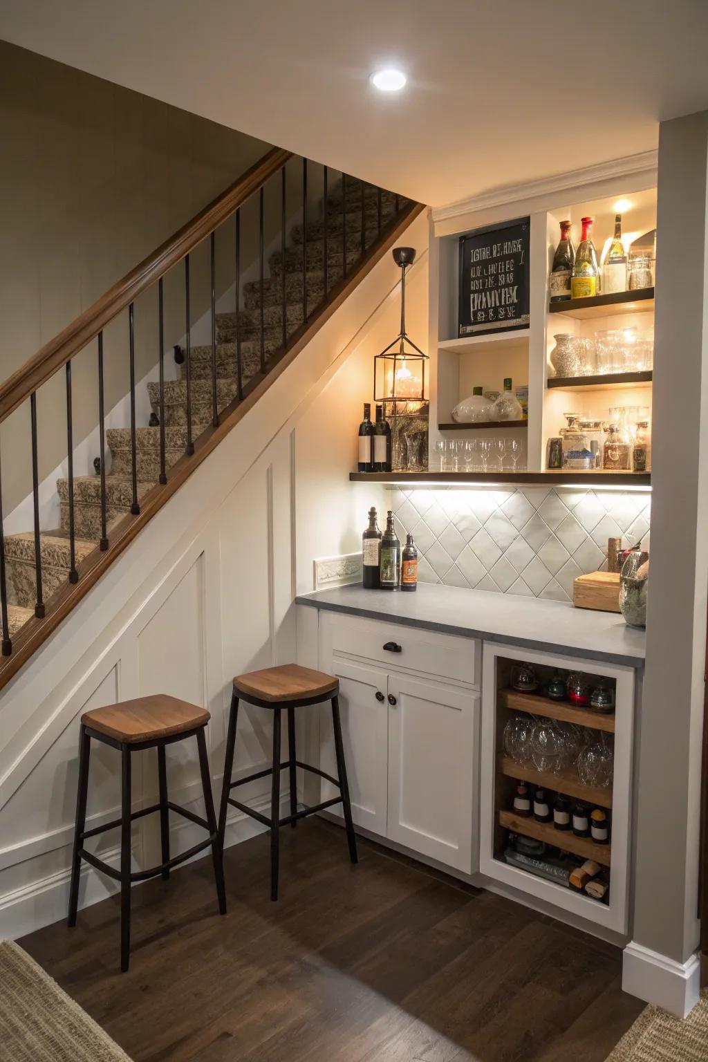 A clever use of space under the stairs for a stylish bar.