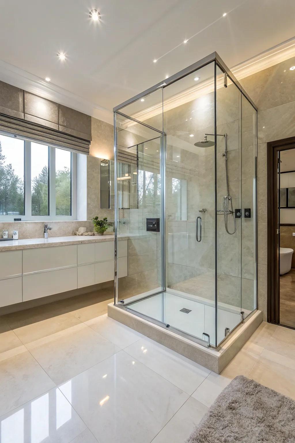 Glass showers add a modern touch and open up the space.