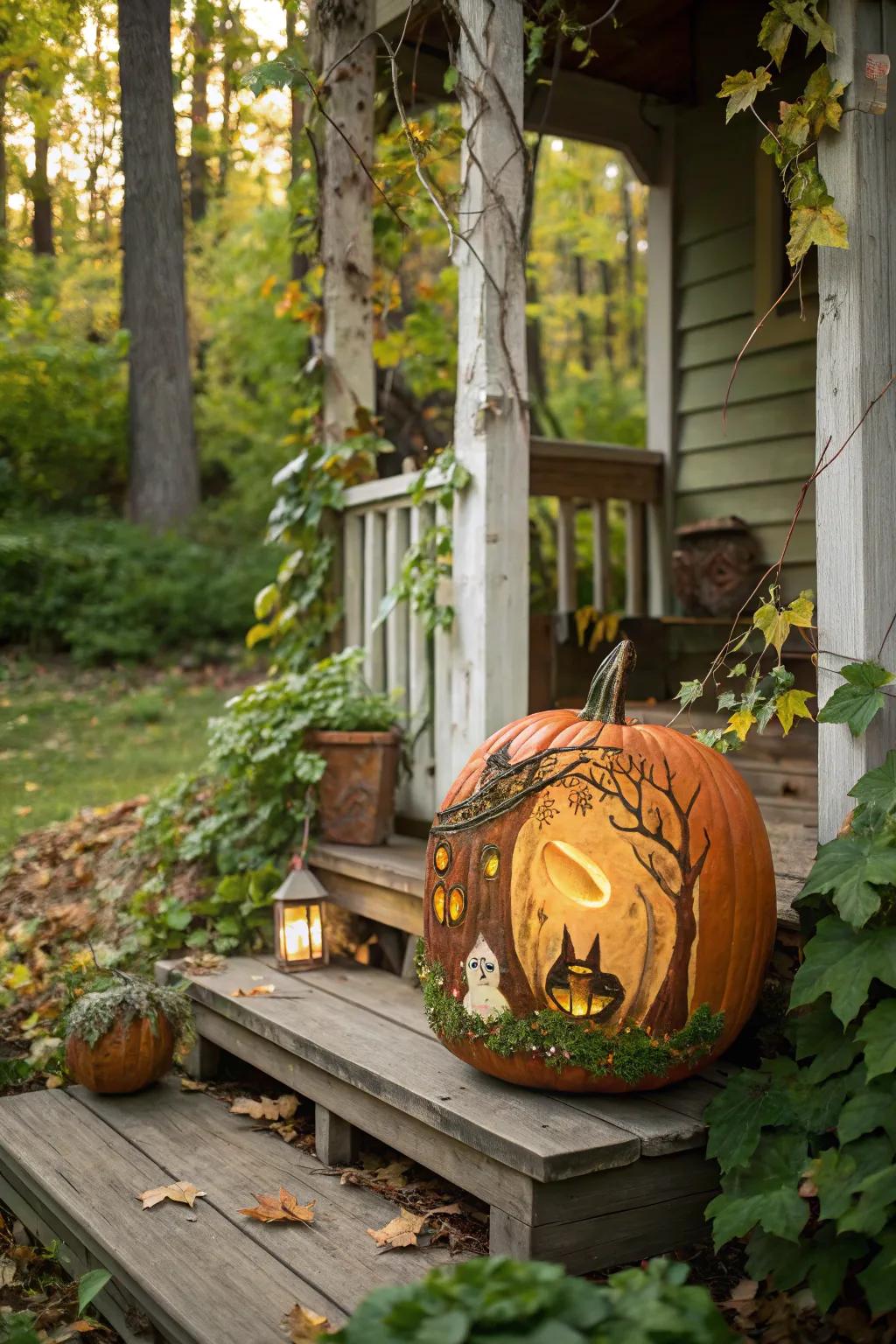 Capture the magic of anime forests with this enchanting pumpkin display.