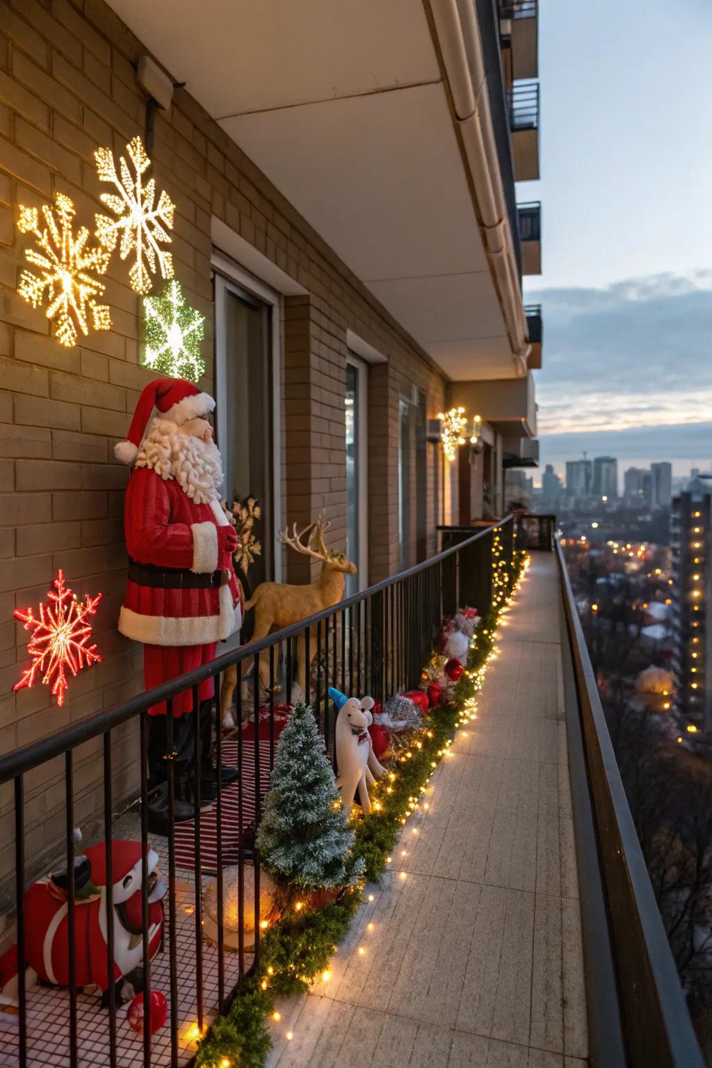 A Santa statue adds a playful holiday touch to this balcony.