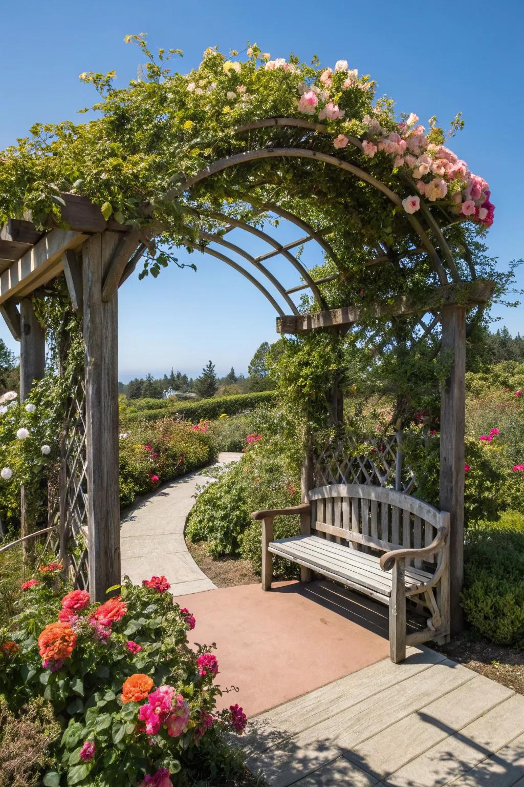 A cozy seating area within a garden arbor retreat.