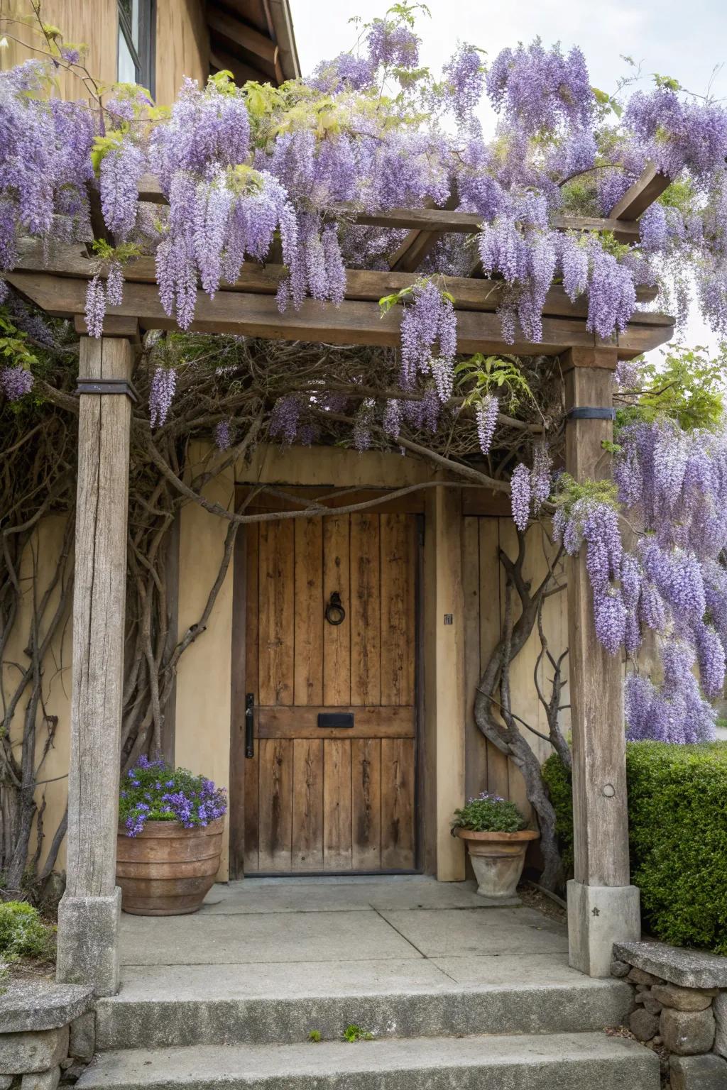 A wooden arbor with a floral wisteria canopy for a whimsical entrance.