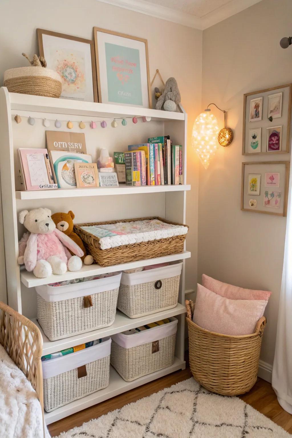 Smart storage solutions keep the baby corner neat and organized.