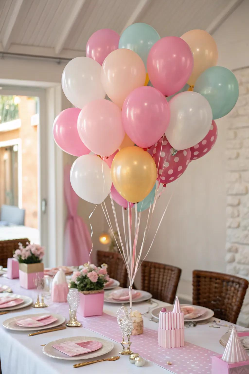 Playful balloon bouquets adding height and fun.