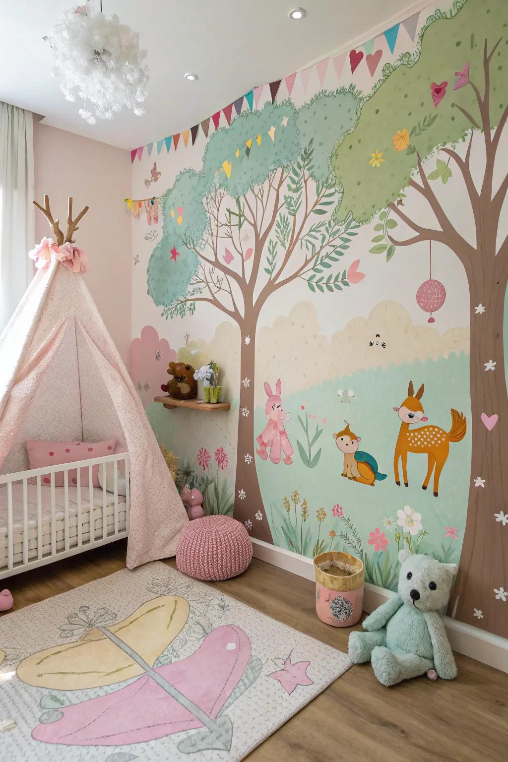 A whimsical wall mural brings the room to life with stories and imagination.