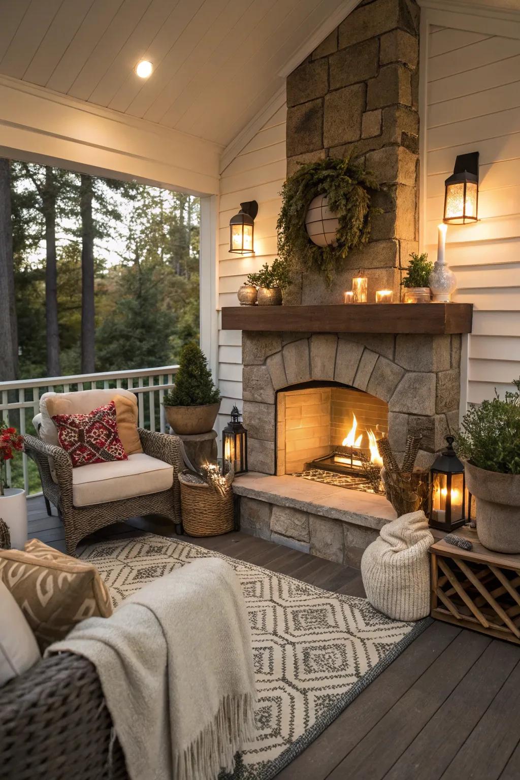 Enjoy cozy evenings by the porch fireplace.