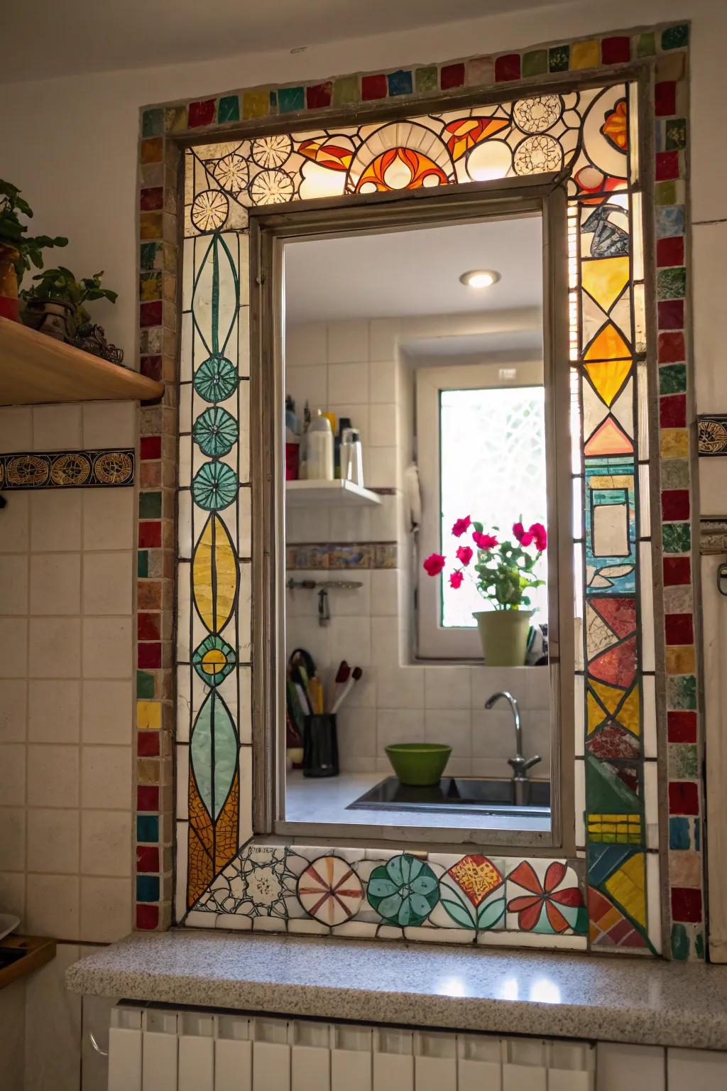 Vibrant mosaic tiles adding artistic flair around a kitchen window.