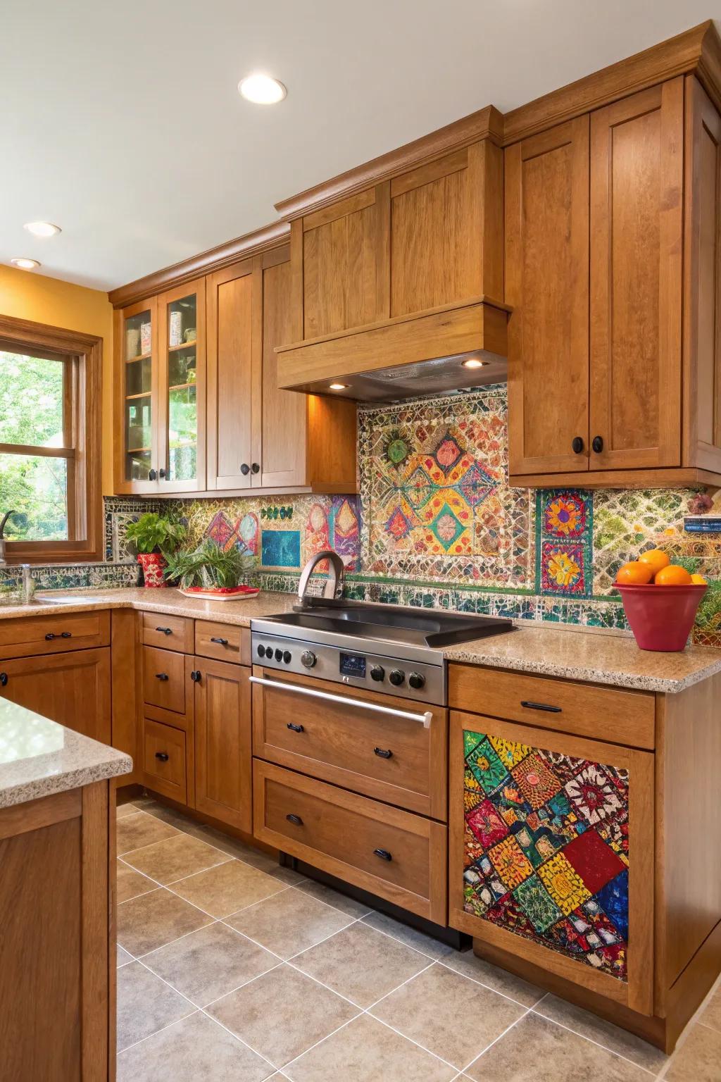 A bold mosaic pattern adds a colorful pop to maple cabinets.