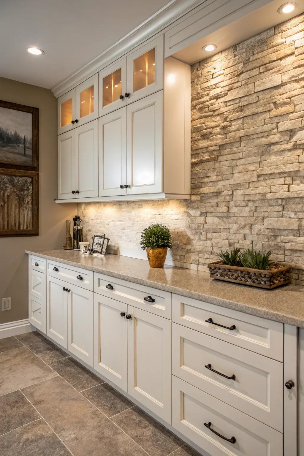 Textured stone tiles add depth and warmth to the kitchen