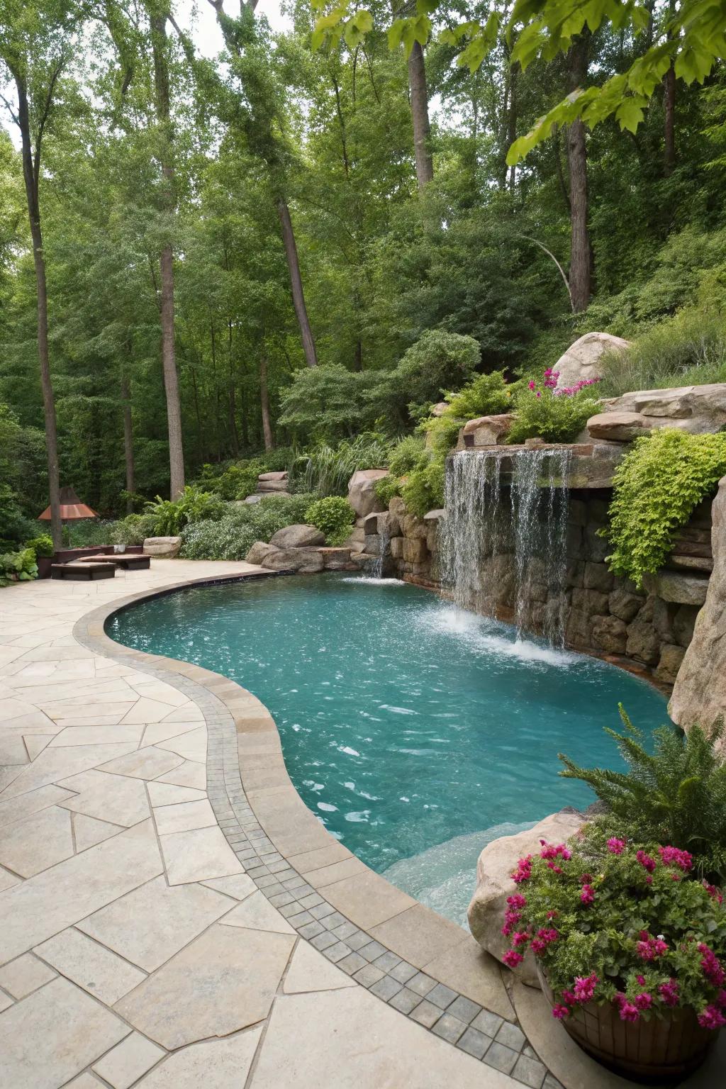 A waterfall brings both beauty and serenity to the pool area.