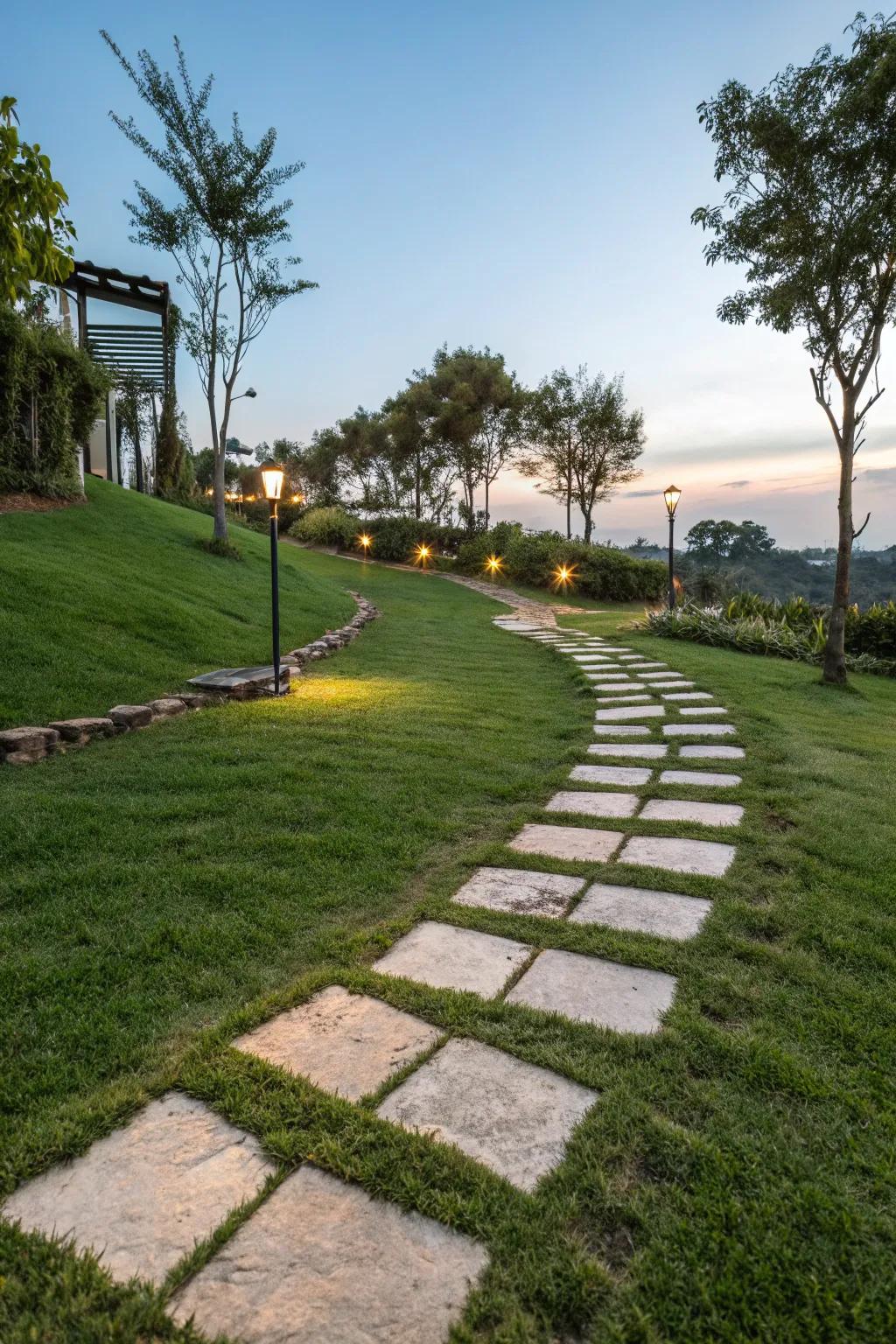 Geometric patterns bring modern elegance to garden paths.