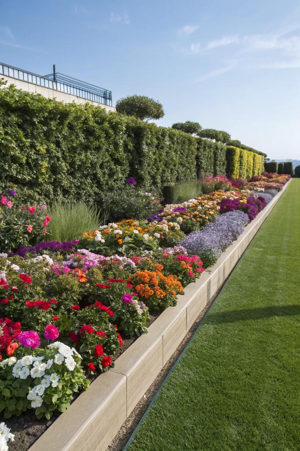 Flower beds bordered by vibrant artificial turf.